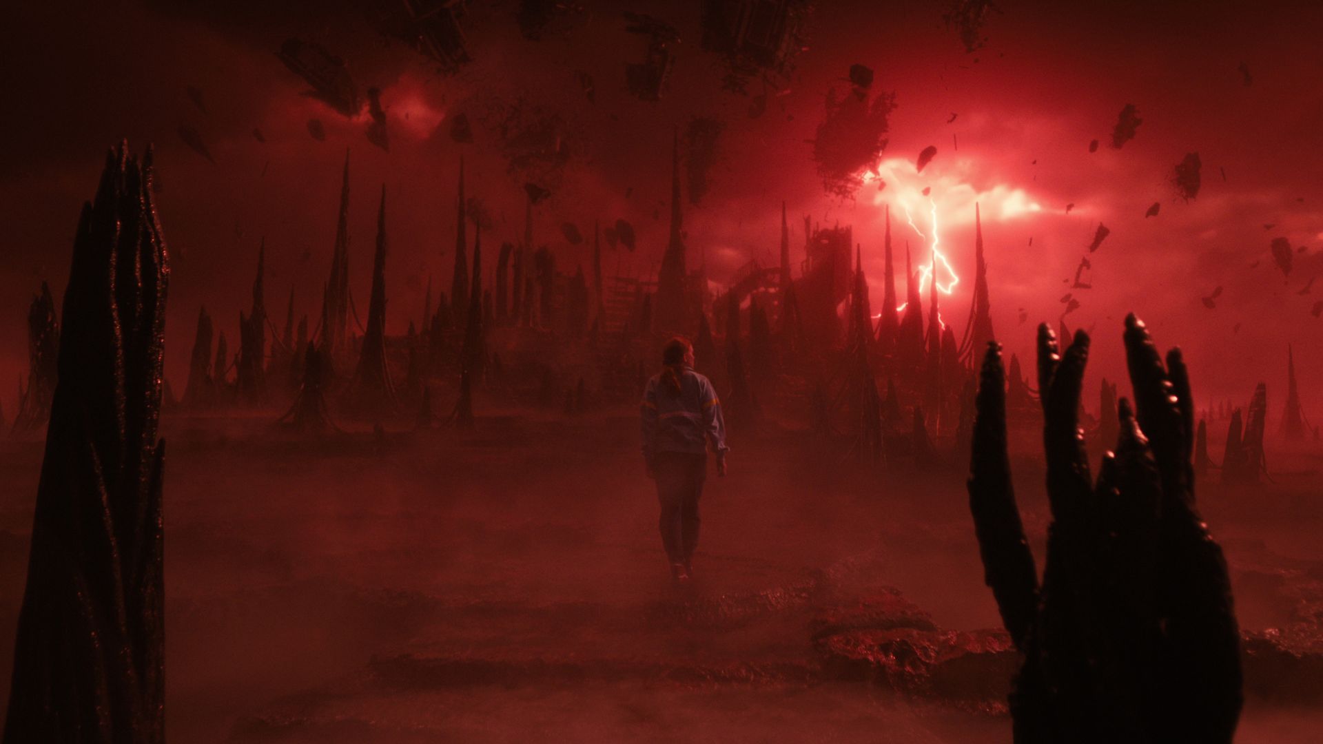 A film still from the show Stranger Things, which has the character Max walking into the Upside Down.