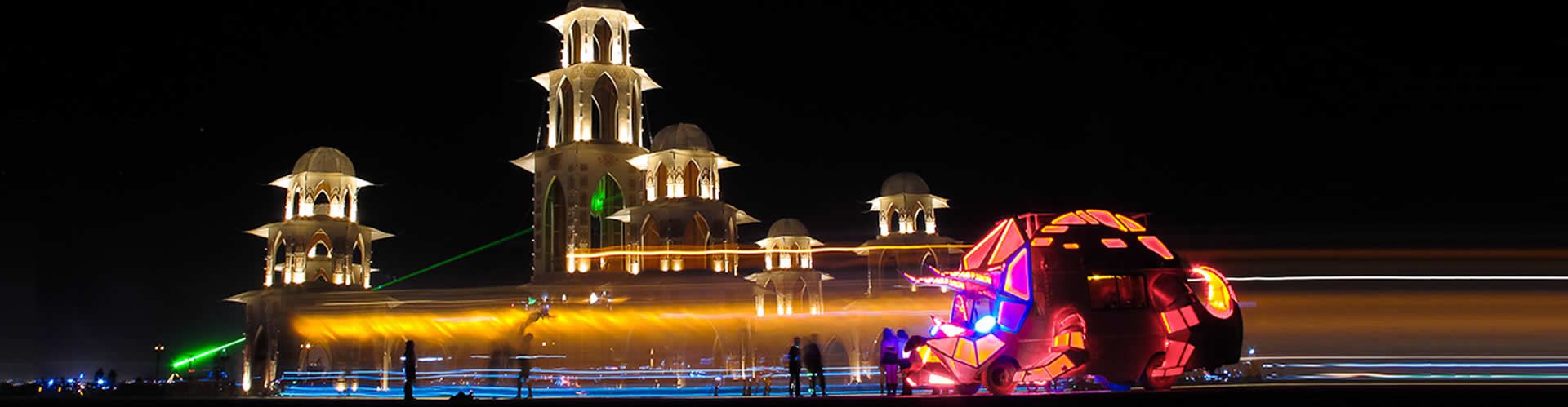 A nighttime scene of an installation at the Burning Man festival.